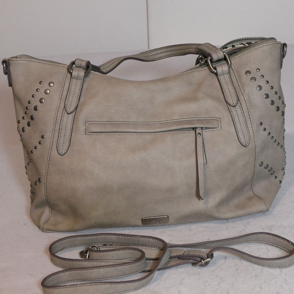 Jessica Simpson Womens Studded Tote Bag L Taupe Gray Rocker Edgy Streetwear Moto